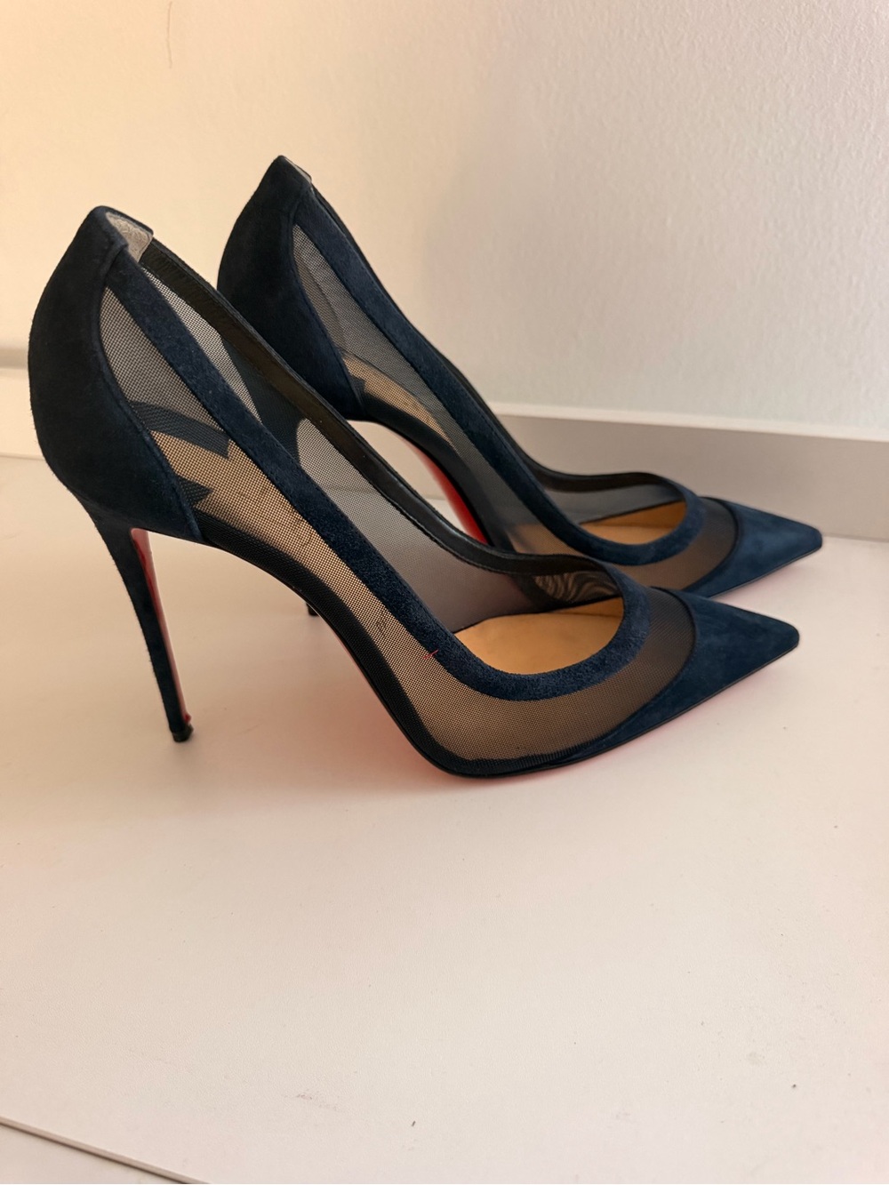 Christian Louboutin Galativi Navy Suede and Mesh Pointed Pump - Picture 3 of 7